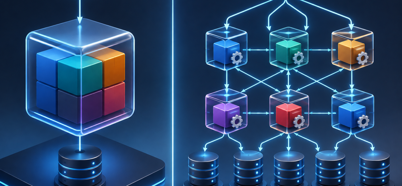 Diagram comparing monolithic architecture and microservices architecture for a SaaS application