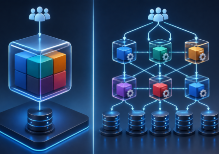 Diagram comparing monolithic architecture and microservices architecture for a SaaS application
