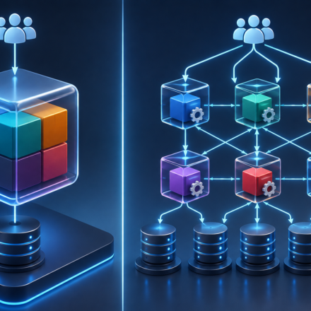 Diagram comparing monolithic architecture and microservices architecture for a SaaS application