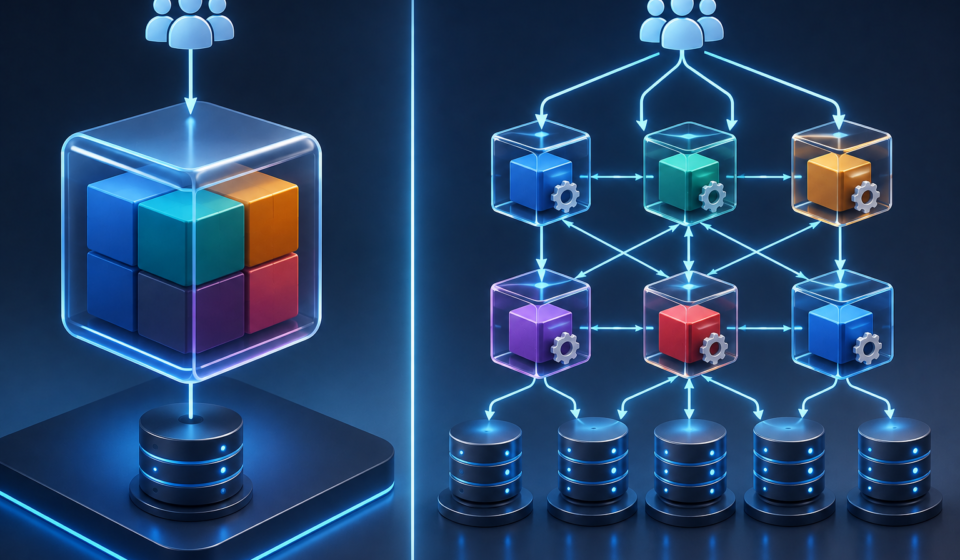 Diagram comparing monolithic architecture and microservices architecture for a SaaS application